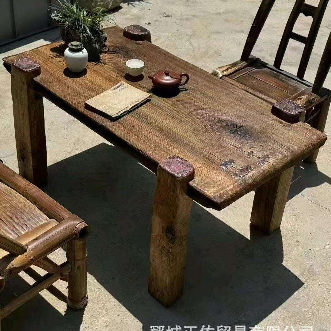 中式老榆木茶桌阳台禅意茶台实木长条大板桌民宿酒店复古喝茶桌