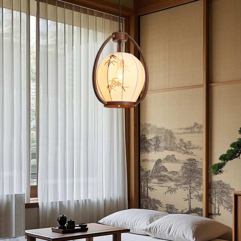 宋代美学彩绘竹叶实木布艺设计师款小吊灯禅意中式餐厅茶室氛围灯