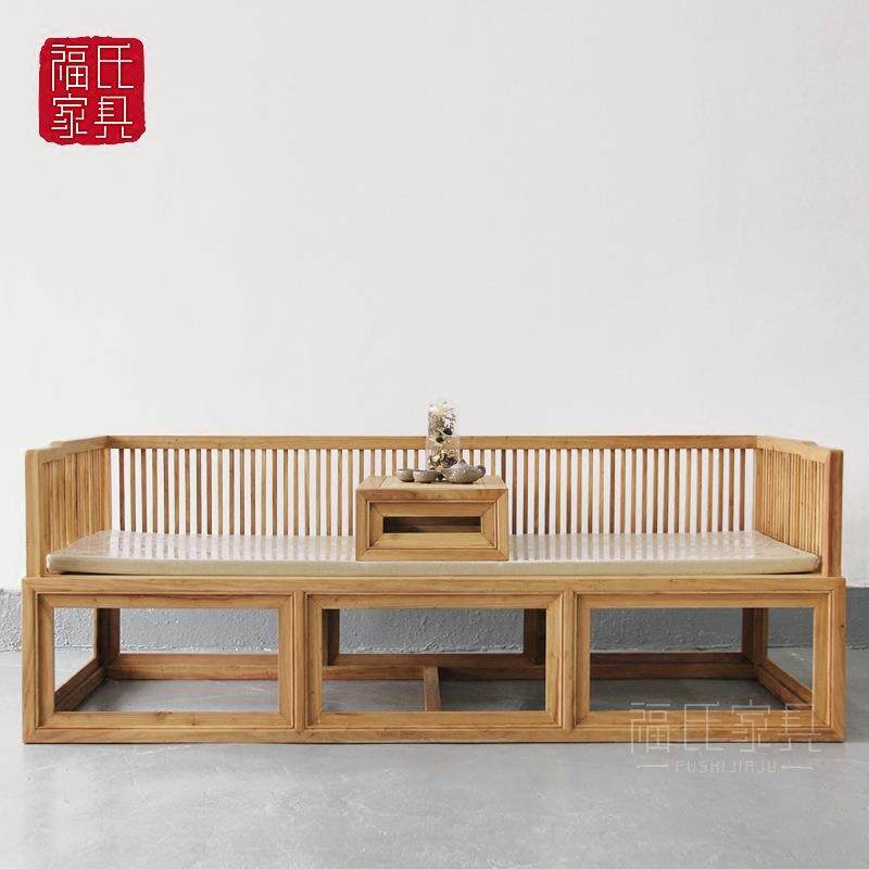 老榆木罗汉床客厅禅意实木沙发双人榻中式三人沙发床免漆床榻休闲