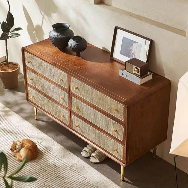 藤编收纳柜子简约现代储物柜卧室多功能床头柜北欧实木三四六斗柜