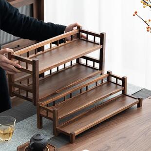 黑胡桃木书桌置物架茶室茶桌茶具多层收纳架摆放实木书架博古架子