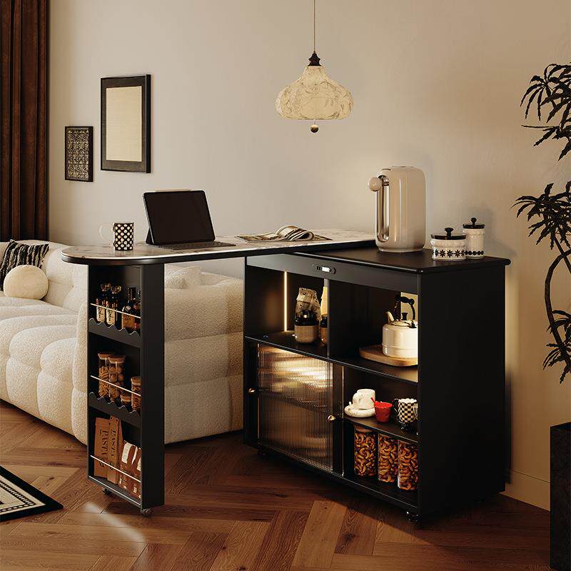 法式伸缩吧台酒柜一体靠墙客厅窄岛台家用隔断柜复古小吧台餐边柜