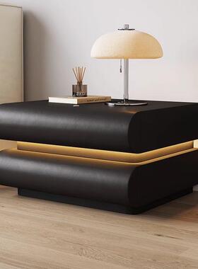 卧室家用网红奶油白色带灯床头柜意式皮质黑色实木床边收纳储物柜