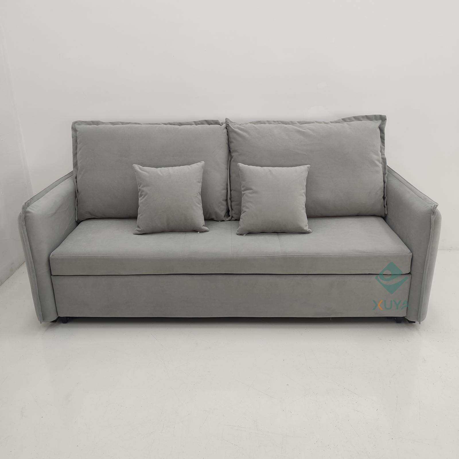 浅灰色可全拆水洗实木折叠小户型公寓直排科技绒布艺功能沙发床