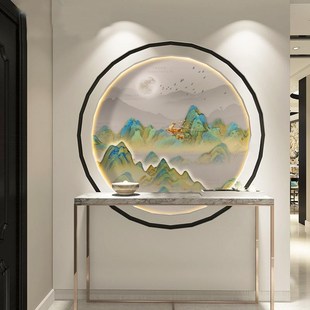 新中式 饰画书房背景墙玄关柜茶台餐厅高级感壁画山水画画芯 圆形装