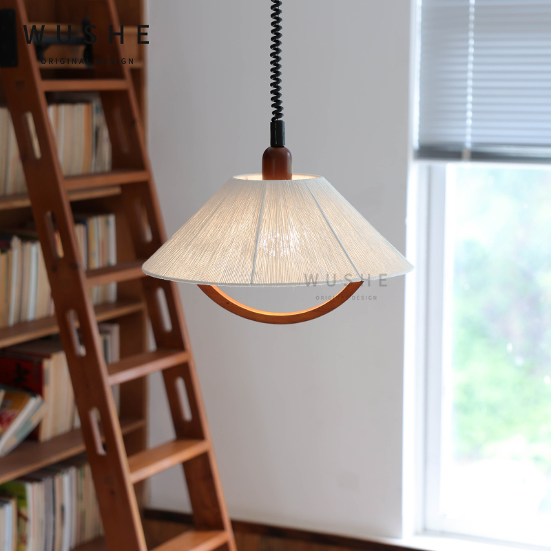 物设法式复古麻绳吊灯日式极简伸缩餐厅灯中古原木餐桌升降灯