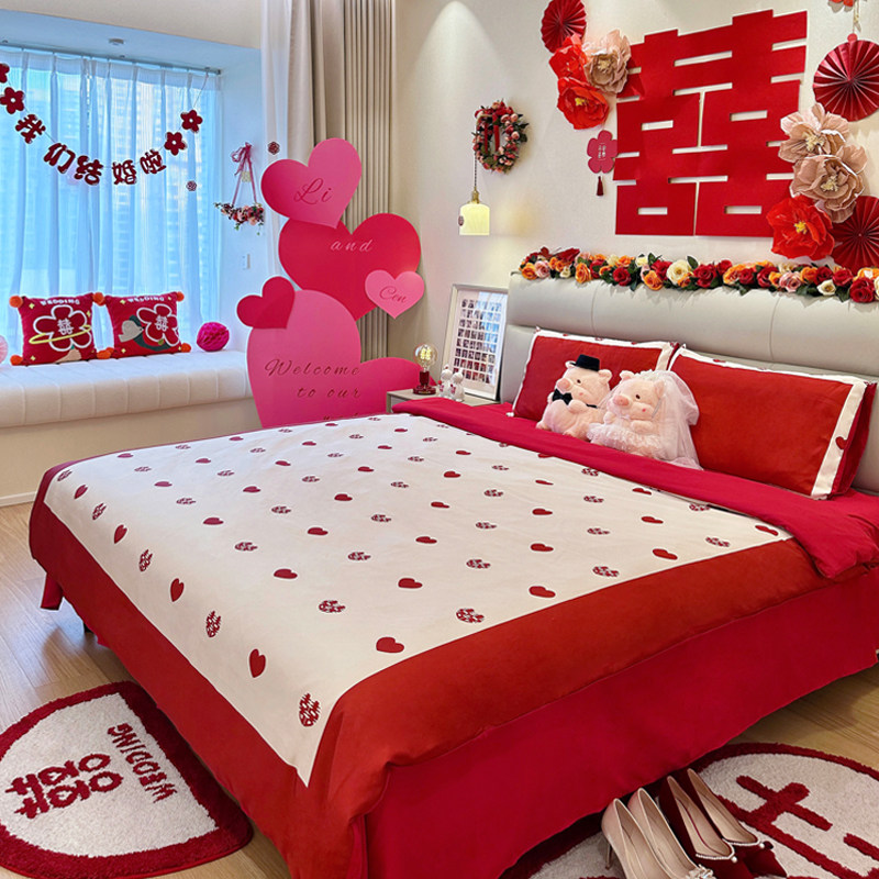 简约爱心印花100支红色四件套婚庆被套陪嫁喜被结婚牀上用品婚嫁