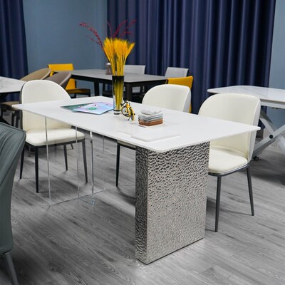 德利丰铝合金亚克力餐桌饭桌不锈钢现代简约长方形小户型吃饭桌子