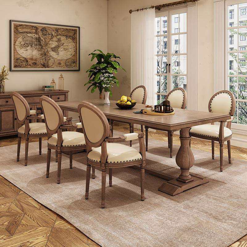 美式复古实木餐桌椅组合长方形家用饭桌法式双色餐桌原木餐厅家具