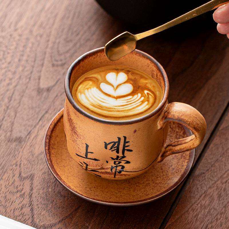 粗陶柴烧咖啡杯碟套装组手工日式复古马克杯挂耳杯卡布基诺手冲杯