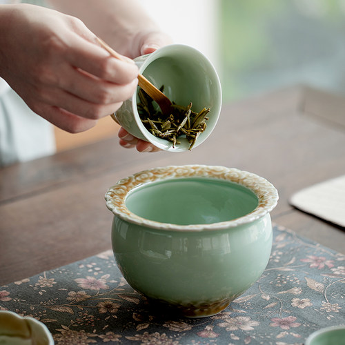 拓土渐变青雕花花瓣三足建水茶洗小型干泡茶渣桶水盂废水桶零配件