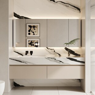 熊猫白岩板陶瓷一体浴室柜组合洗手池洗脸盆卫生间洗漱台定制