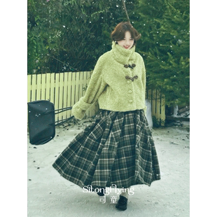 通勤显瘦高腰垂感a字中长裙 新款 司童 雪松绿格纹大摆裙半身裙冬季