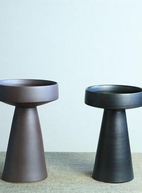 粗陶高ZKZ脚花器底高脚盆花盘日式插平花摆茶室复古花艺件装饰