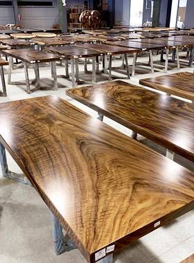 南黑胡桃木板茶桌去厅化实美木餐桌乌金DLF木大原木客整板桌简约