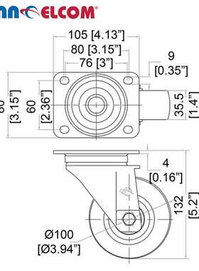 Penn Elcom轮子W9008-V6 万向箱轮4寸重型脚轮金属轮子橡胶辊轮重