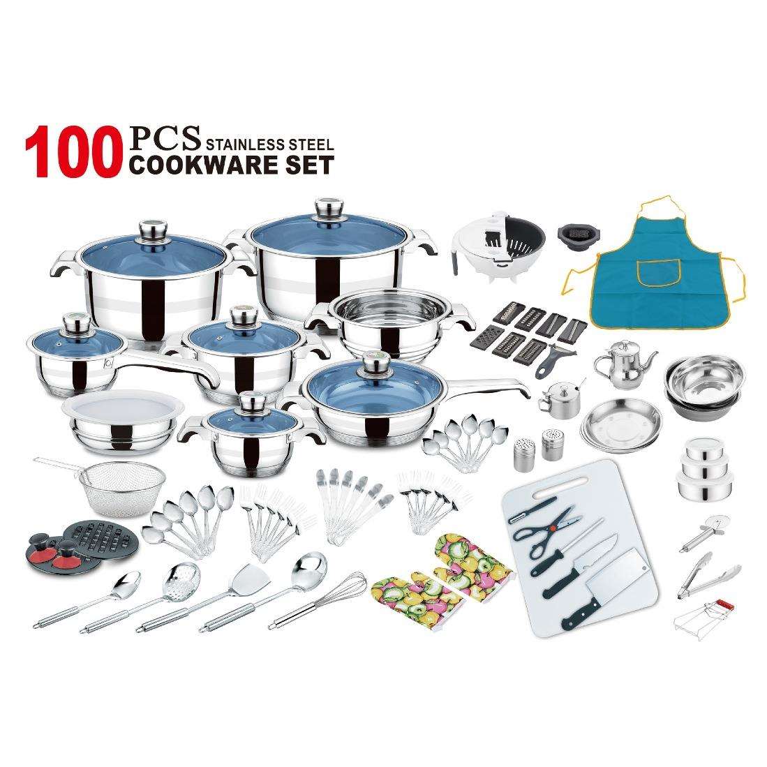 外贸跨境100PCS宽边套锅非洲不锈钢炊具套装锅 Cookware30件套锅