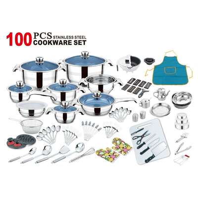 外贸跨境100PCS宽边套锅非洲不锈钢炊具套装锅 Cookware30件套锅