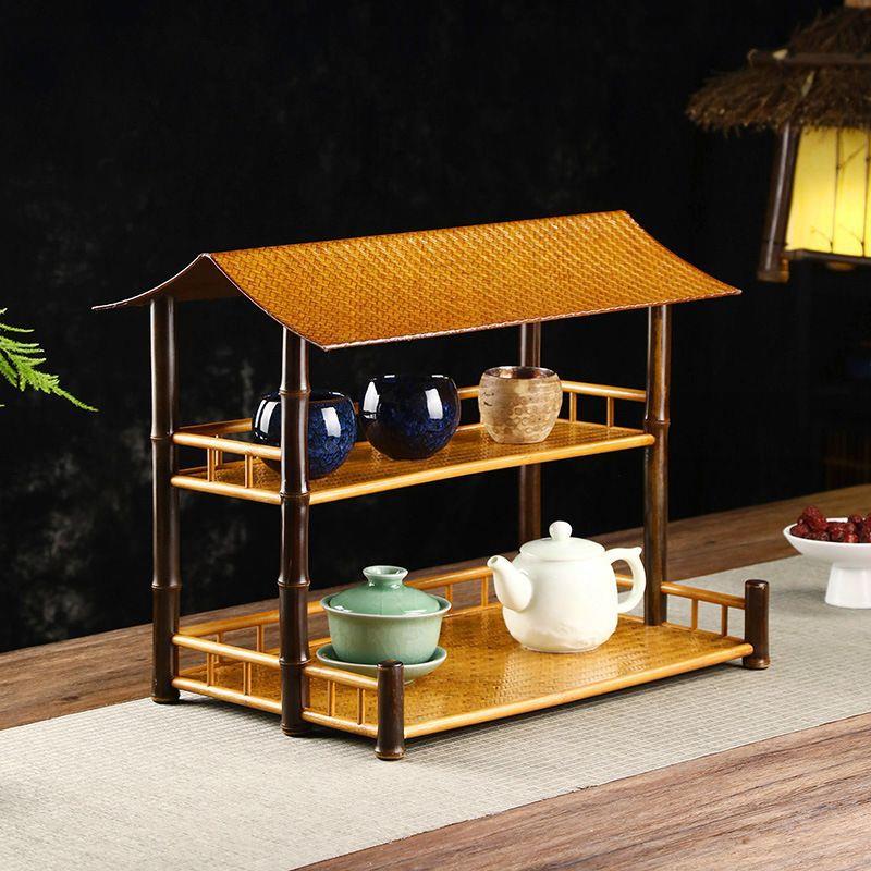 竹制品席面茶棚中式围炉煮茶禅意梅鹿竹屋檐摆件收纳架竹子博古架