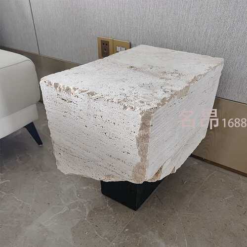 天然石灰华复古角几洞石咖啡桌边桌轻奢茶几设计师款破碎效果角几