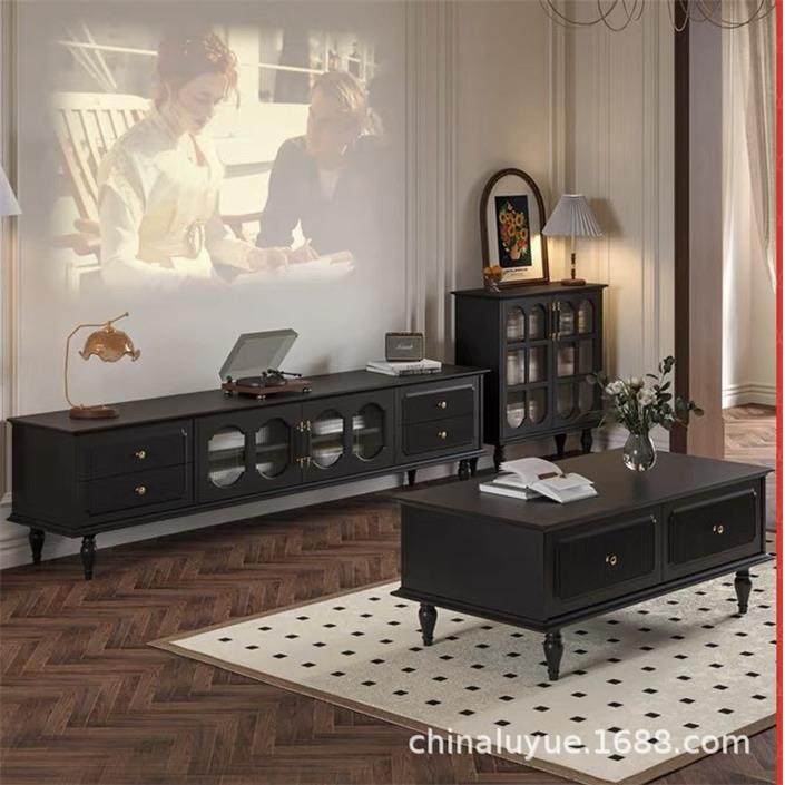美式实木电视柜中古风大小户型客厅家用法式复古黑色电视柜茶几,电子元器件市场,其它元器件,淘宝优惠券,粉丝福利购,淘宝优惠卷