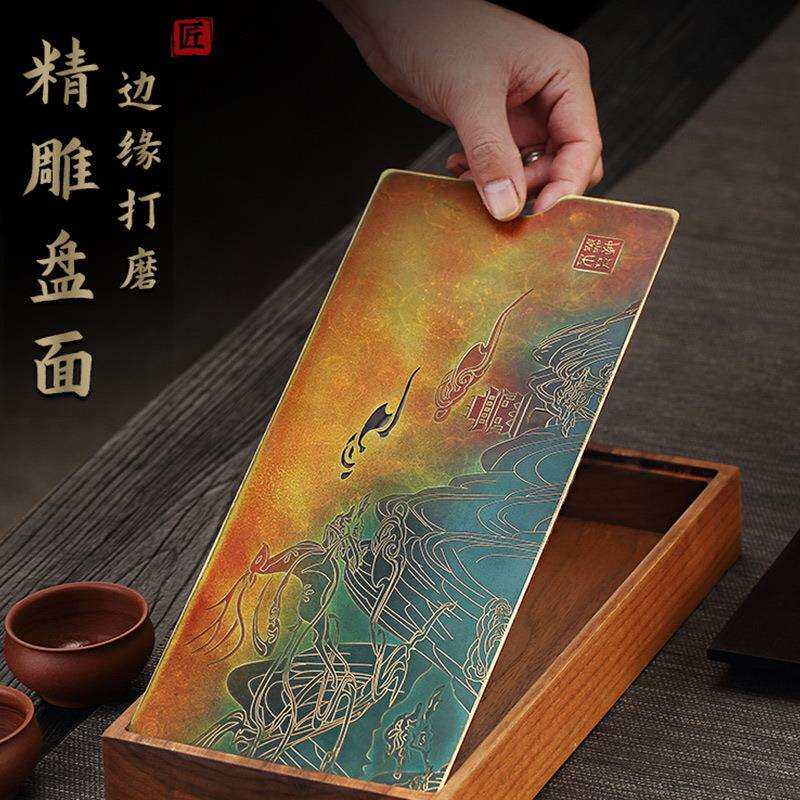 金玉香家用纯铜茶盘干泡台轻奢高档胡桃木茶托盘建水茶具沥水托盘