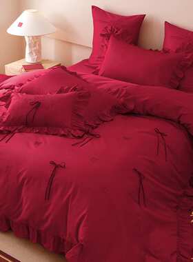 送礼新婚庆高支贡缎纯棉四件套轻奢红色婚嫁喜被结婚床上用品