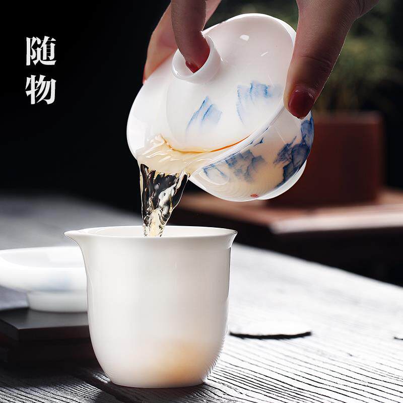 P66D冰种手绘青花瓷盖碗单个白瓷泡茶三件套茶碗带盖茶具陶瓷