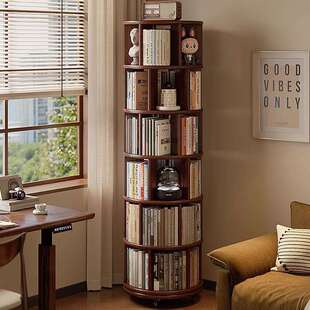 全实木旋转书架360度书柜一体靠墙可移动家用客厅落地转角置物架