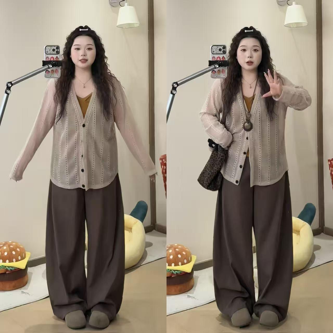 姐妹装早秋氛围感显白遮肉三件套大码咖色阔腿弯刀裤咖色外衫现货