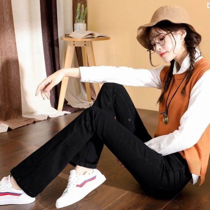 微喇牛仔裤女春秋款高腰直筒显瘦修身百搭喇叭长裤