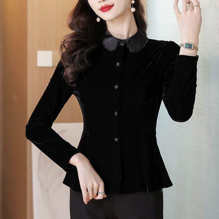 金丝绒娃娃领上衣赫本风黑丝绒小衫法式打底衫富婆女装阔太太衬衫
