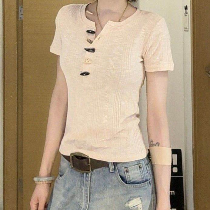 韩系纯欲风牛角扣长袖T恤女小众ins设计修身显瘦百搭上衣1205