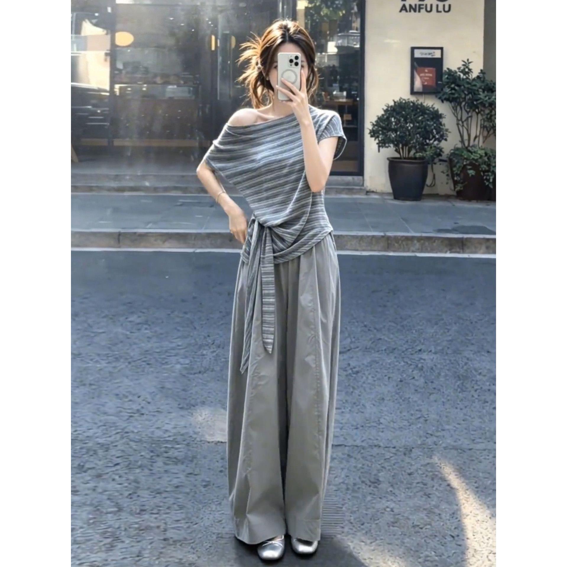 巨好看夏装一整套韩系慵懒风斜肩条纹绑带上衣女休闲阔腿裤两件套
