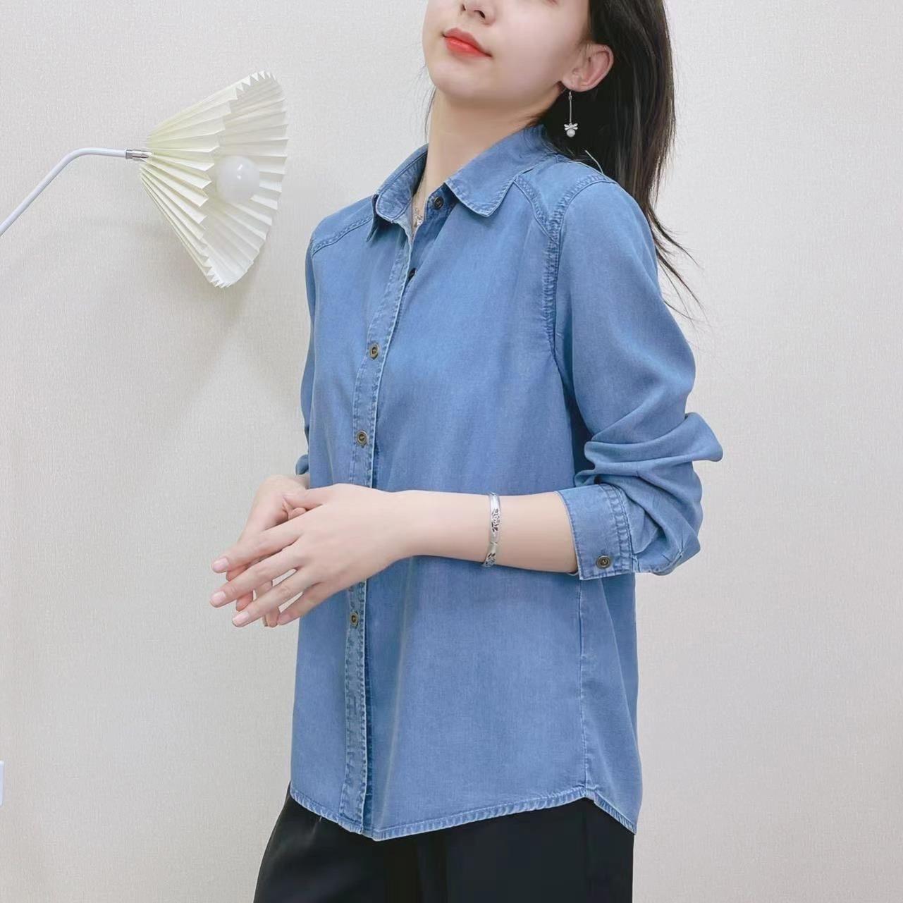 女士高档牛仔衬衫天丝轻薄柔软夏季新款大码宽松衬衣水洗气质长袖