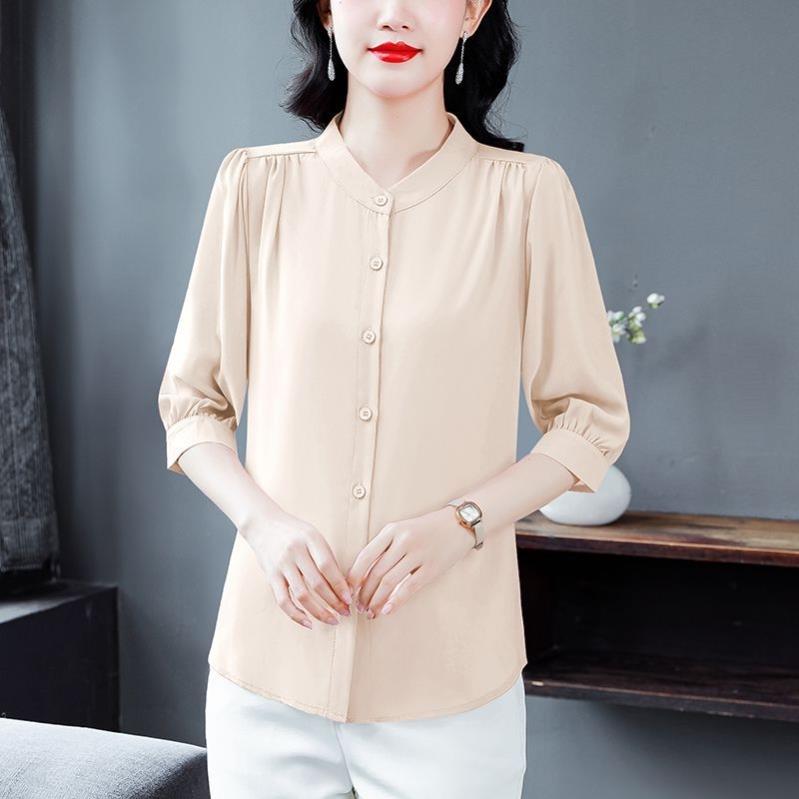杭州真丝衬衫女士夏季新款洋气减龄宽松遮肉七分袖桑蚕丝妈妈小衫