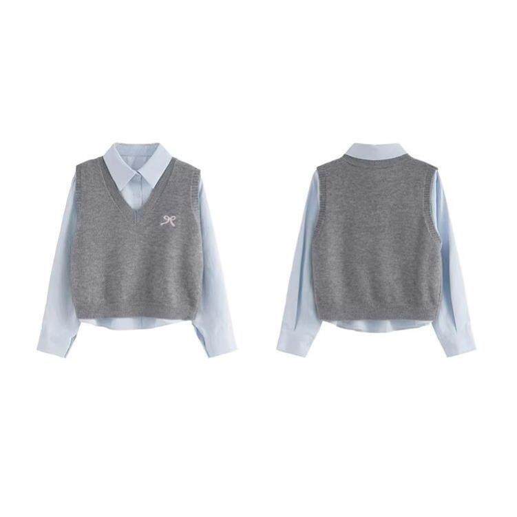 纯色polo领短款衬衫灰色针织毛衣马甲女春秋季叠穿学院风显瘦百搭