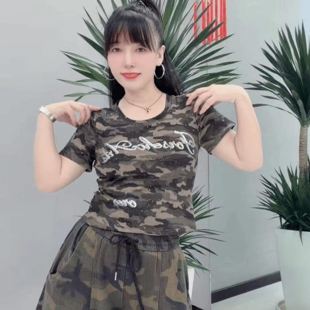 时尚迷彩短袖曳步舞6629款短装T女款百搭上衣