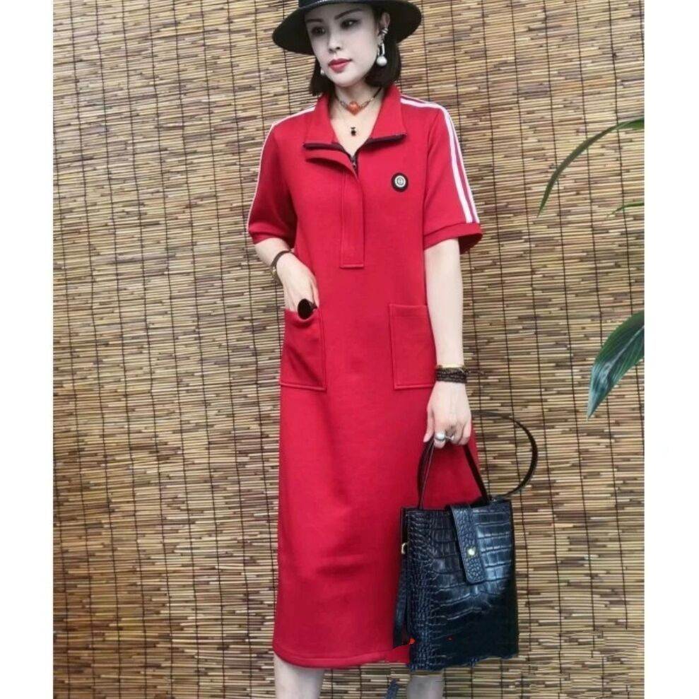 新款休闲夏季时尚立领拉链宽松遮肉洋气短袖女装韩版长款连衣裙
