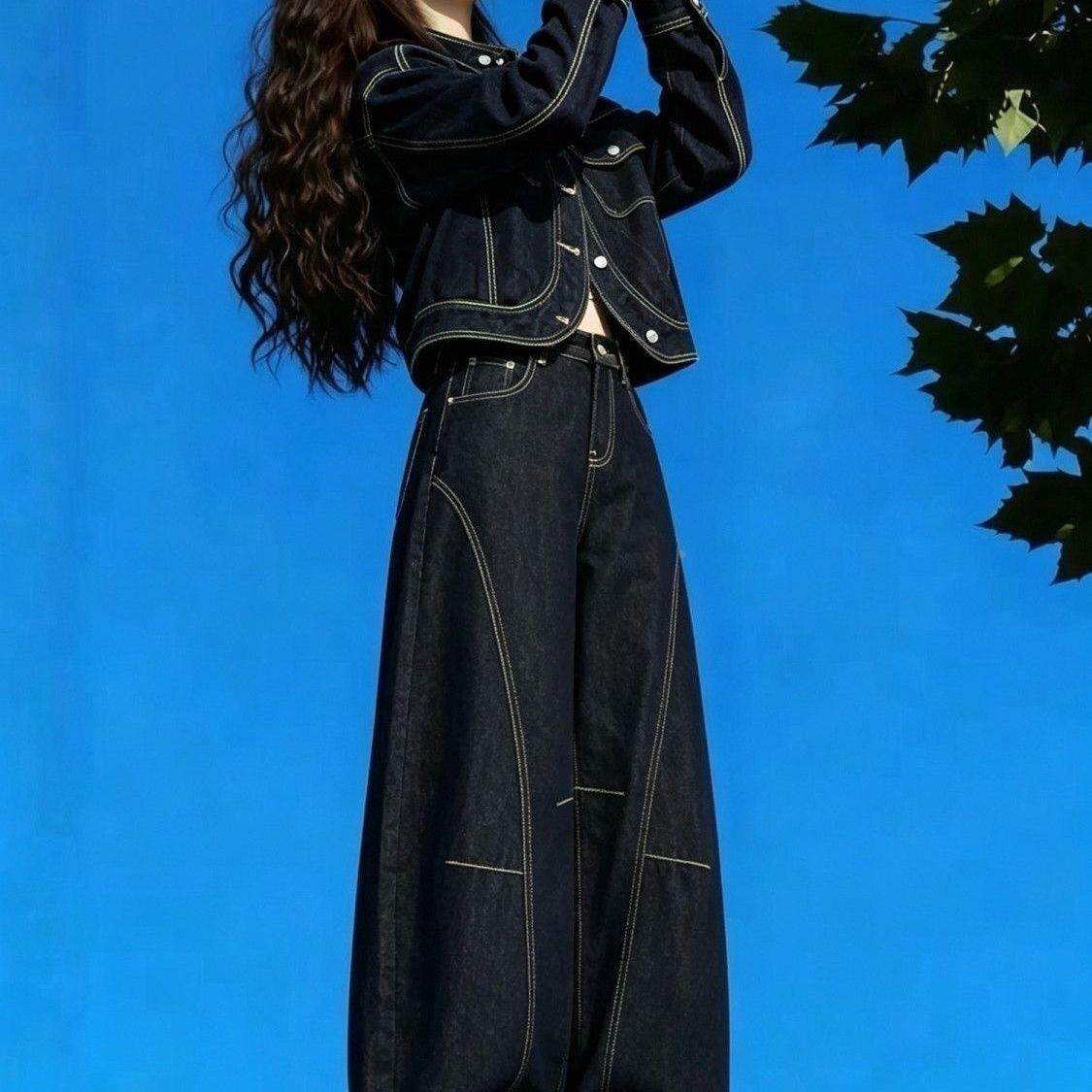 翻领纽扣后系带短款牛仔外套女 早秋新款弯刀阔腿套装 牛仔裤