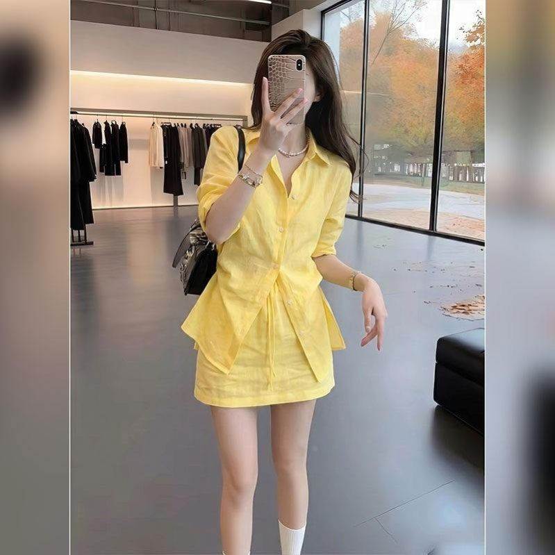 慵懒风黄色衬衫套装女夏季收腰两件套气质防晒衬衫高级设计感短裙