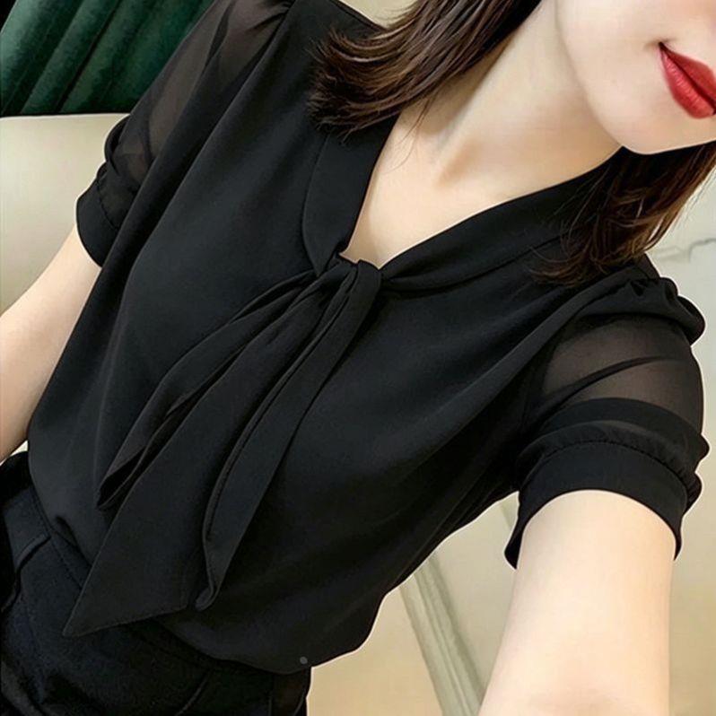 时尚弹力网纱镂空蕾丝短袖女T恤夏季新款韩版修身飘带薄款小衫女