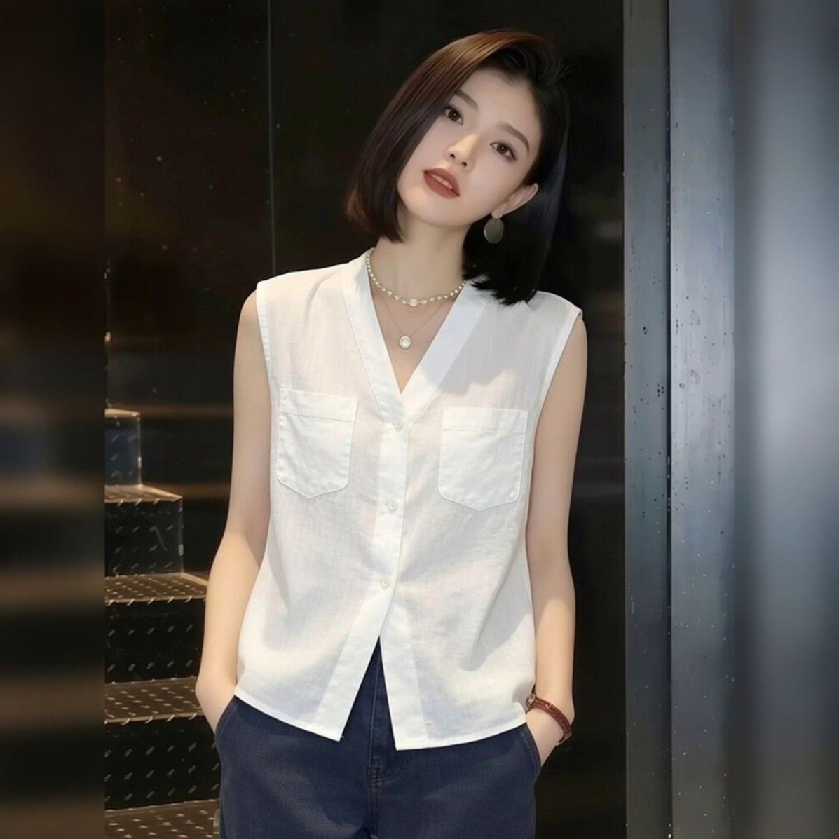 简约风V领无袖白色上衣女2026夏季新款通勤显瘦气质百搭马甲背心