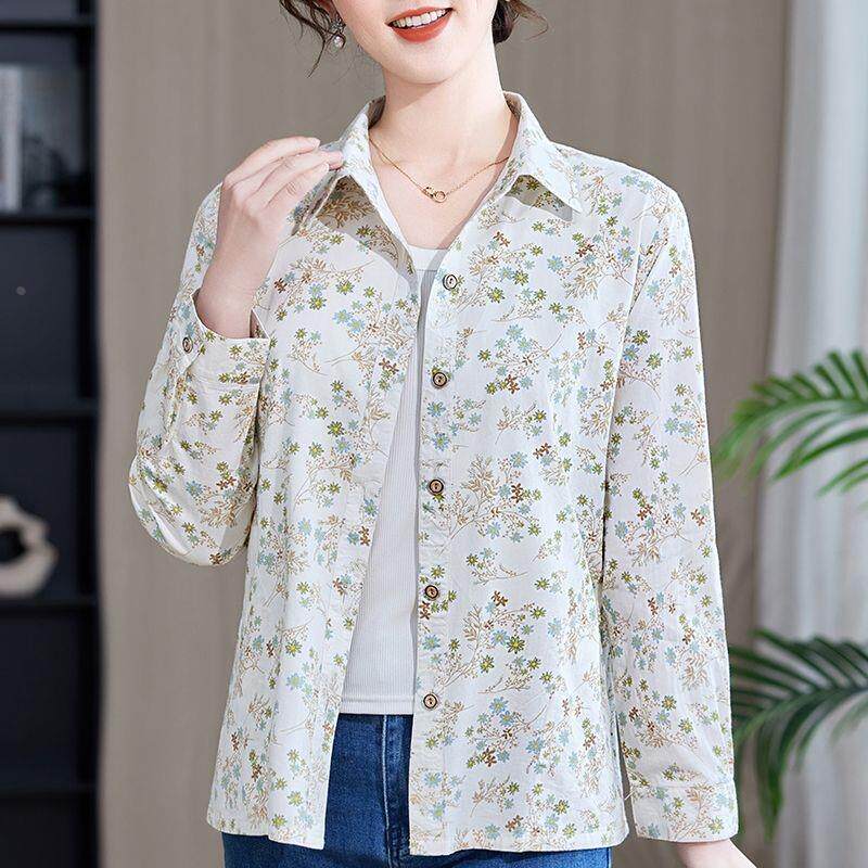 妈妈棉全棉衬衫长袖上衣春秋装洋气新款中老年衣服夏装碎花衬衣