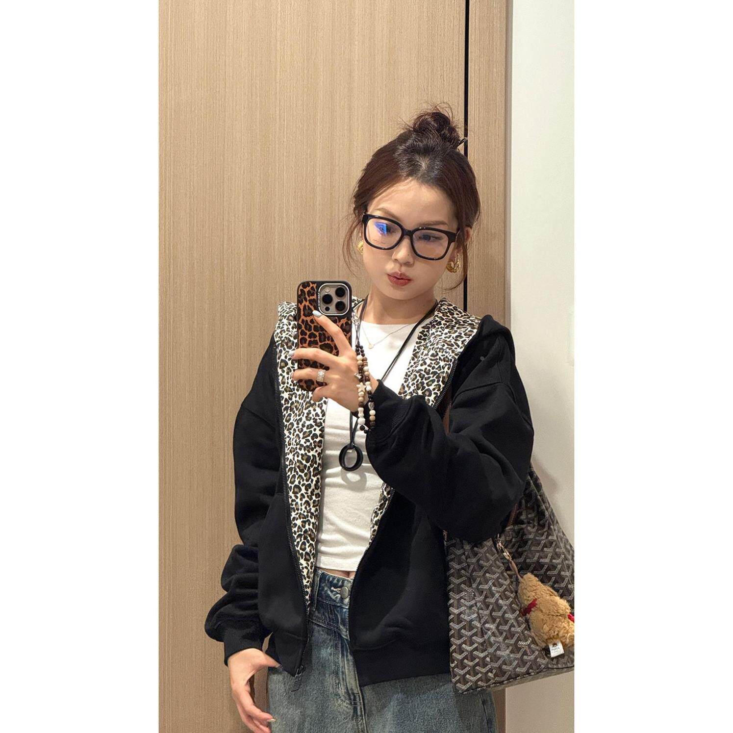 美式复古豹纹连帽卫衣女宽松设计感秋冬加绒加厚街头拉链开衫外套