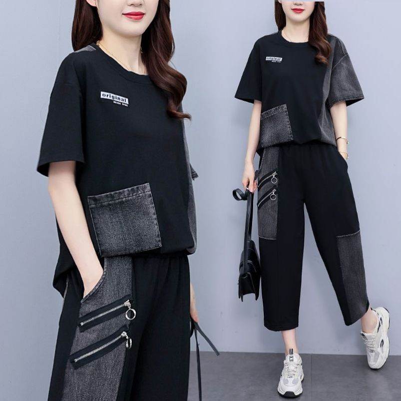 2025夏季新款套装女胖MM宽松拼接牛仔短袖两件套潮流新款大码女装