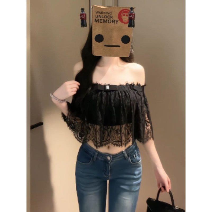 黑色针织衫女夏季新款一字领露肩蕾丝花边拼接短款性感高级感上衣