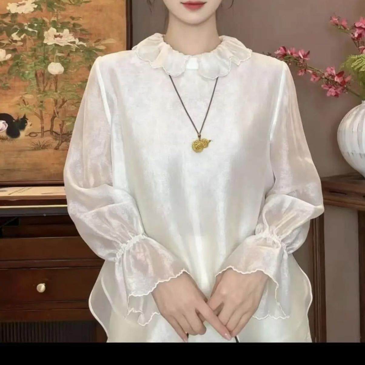 爆款雾里花新中式新款国风荷叶花边上衣女装高级衬衫打底