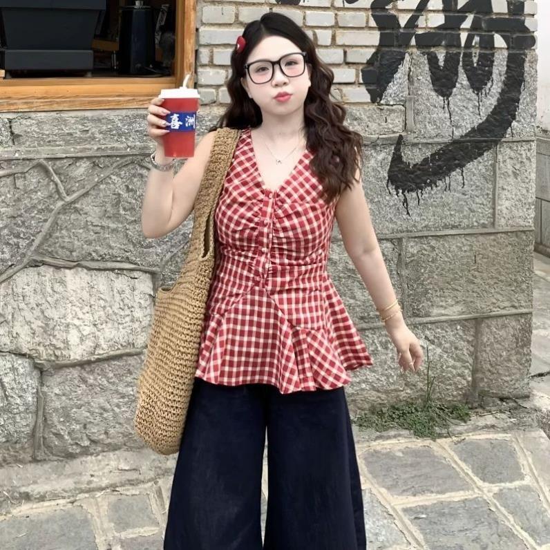 辣妹风夏季新款格子V领背心女大码胖mm修身显瘦皱褶无袖衬衣上衣