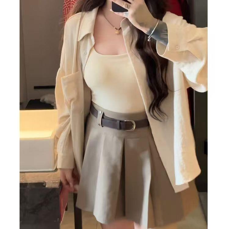 春季大码微胖mm显瘦套装女衬衫上衣A字半身短裙两件套全套纯欲风